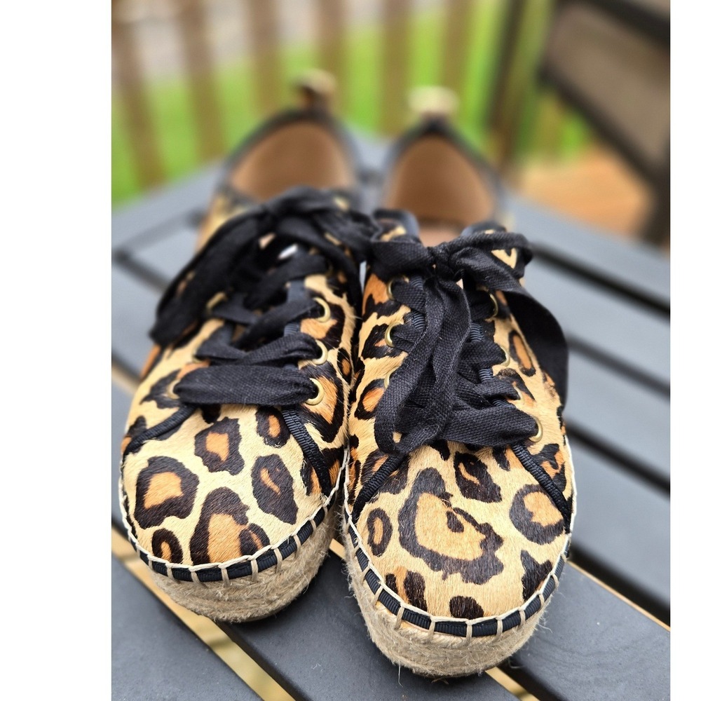 Sam Edelman Celina Leopard Calf Hair Espadrille Platform Sneakers Tan Black 7M